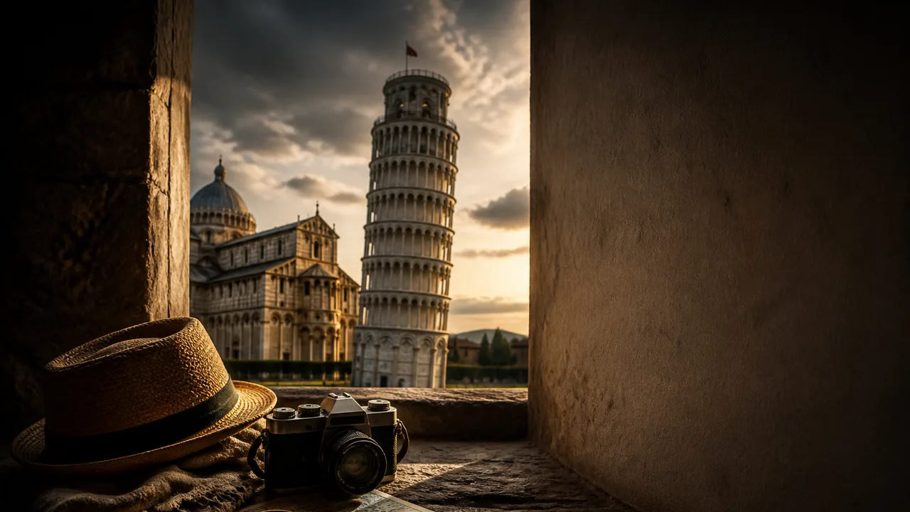 Man and child holding up a doll in front of the Leaning Tower of Pisa under a blue sky