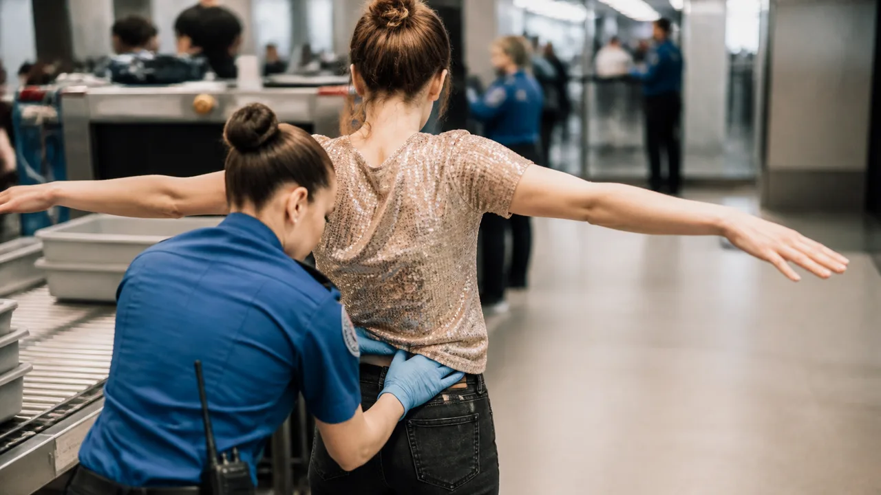 Four travelers with red X marks on their outfits stand in an airport terminal while a woman gestures disapprovingly beside…