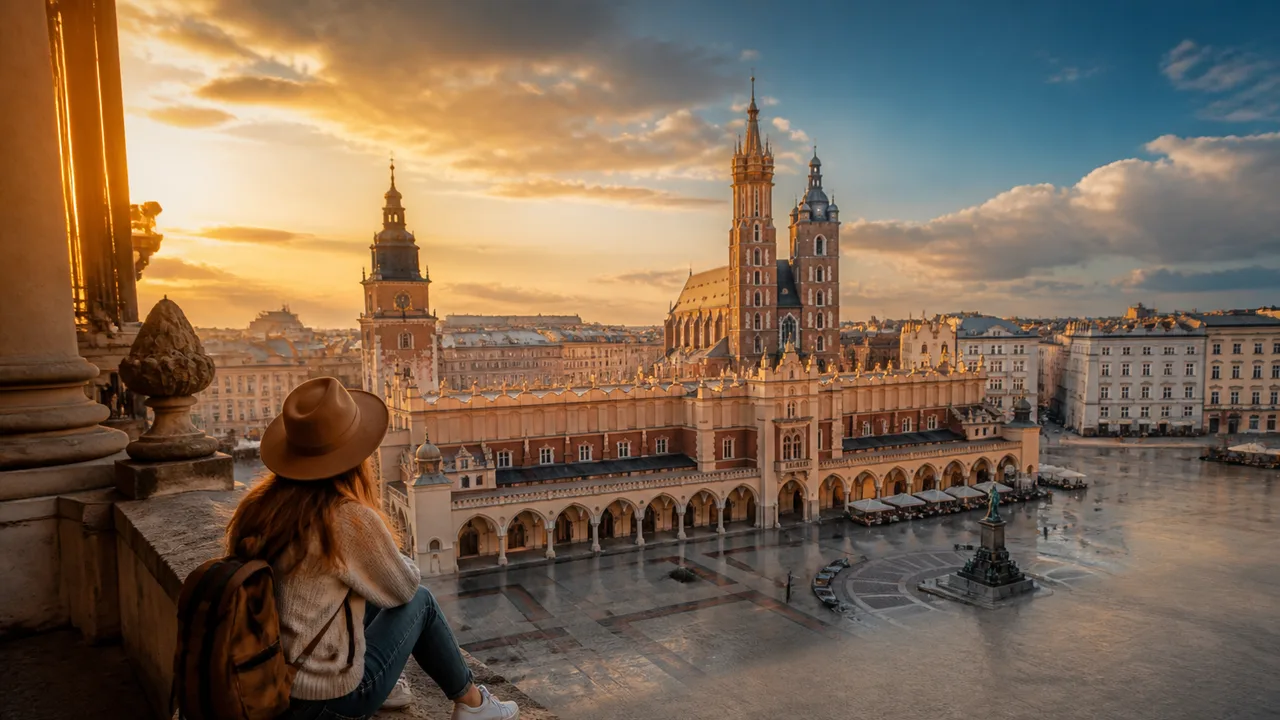 A smiling man with a beard stands in front of historic Polish architecture with ivy-covered brick buildings and a castle…