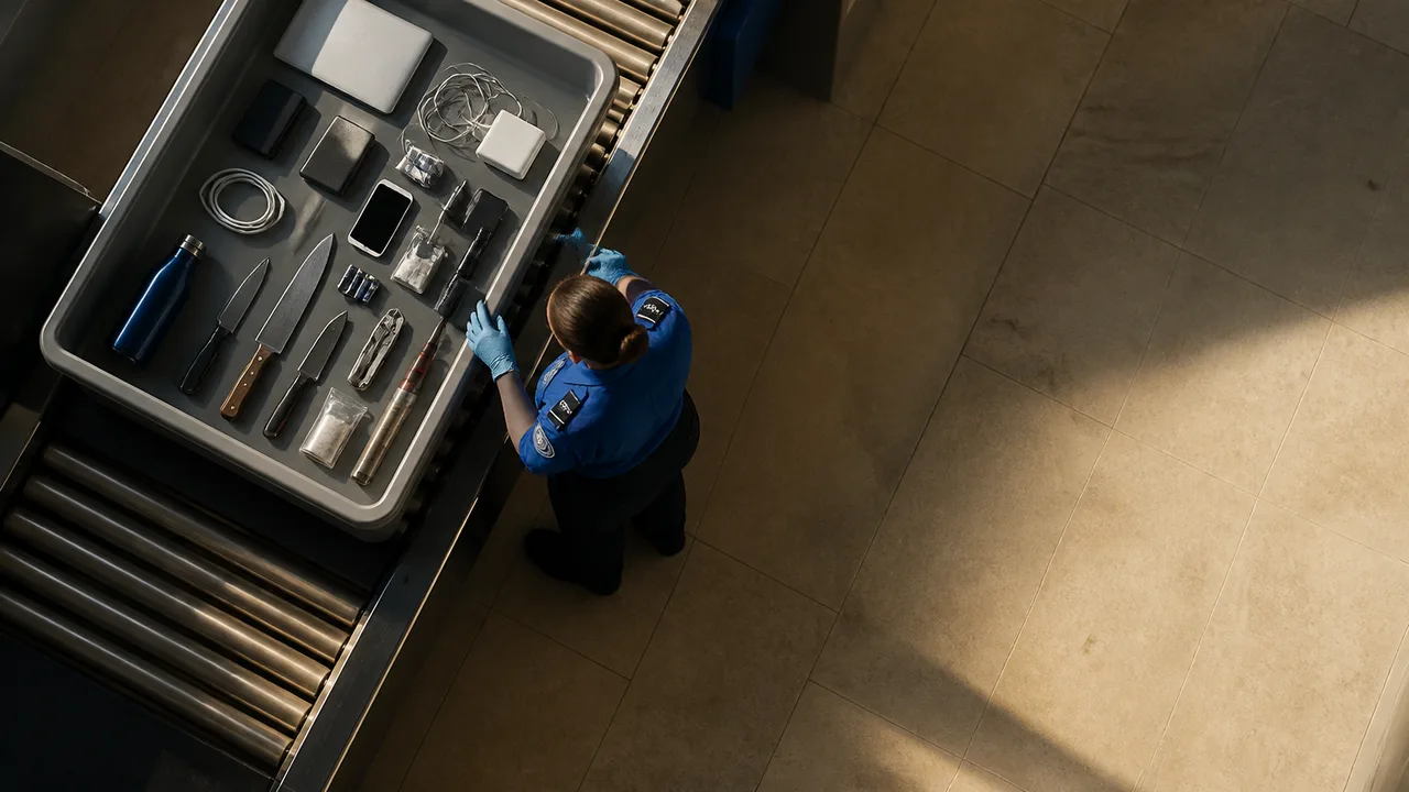 Woman making rejection gesture beside bin labeled "TSA CONFISCATION" filled with Apple devices and electronics