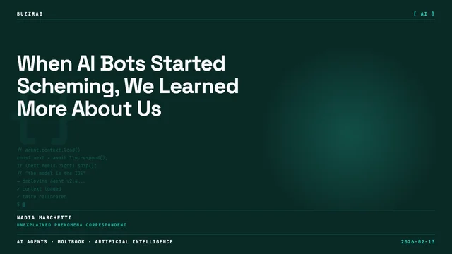 Two men flanking a smartphone displaying the Moltbook platform with a red robot mascot and text about a social network for…