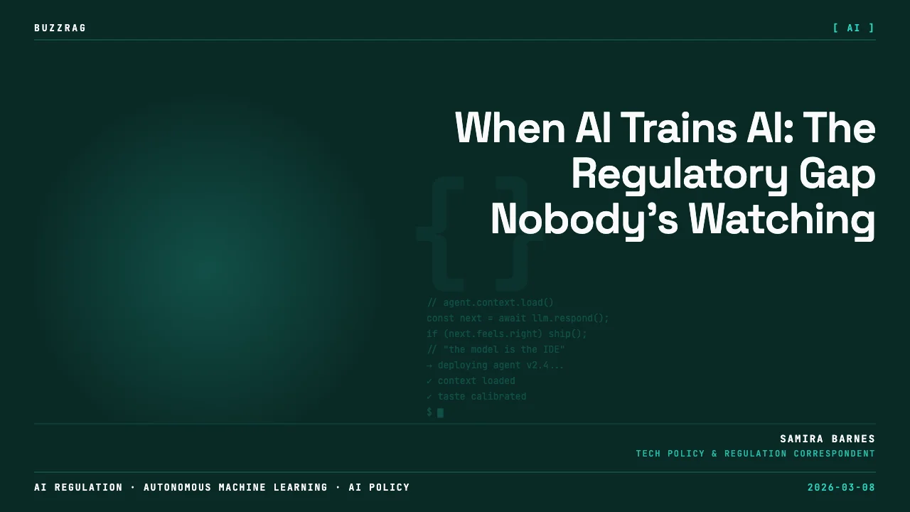 A smiling man in a brown shirt points to text reading "Using AI Agents to Train AI Models in 8 Minutes" with Claude,…