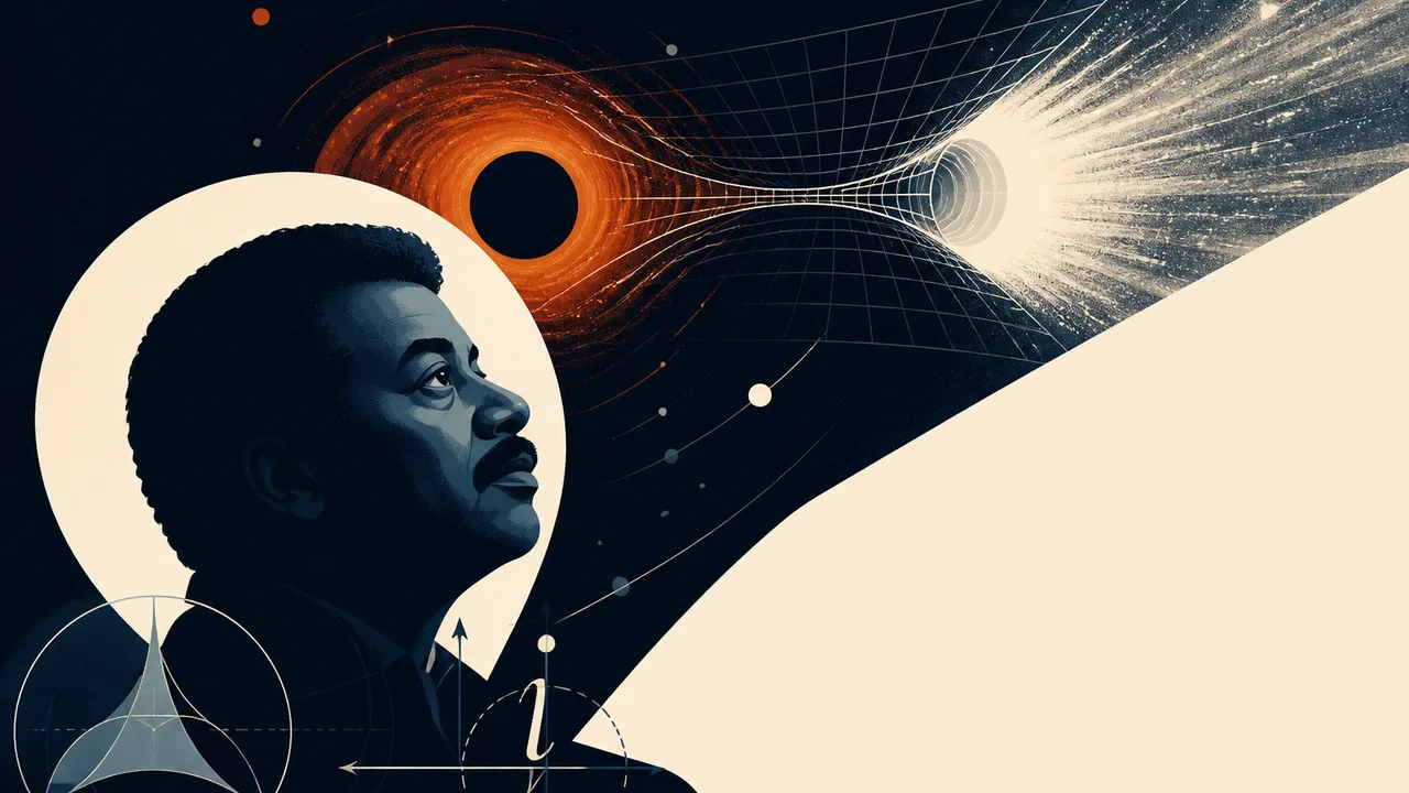 Two men at microphones flank a historical figure, with geometric wireframe shapes illustrating non-Euclidean mathematics…