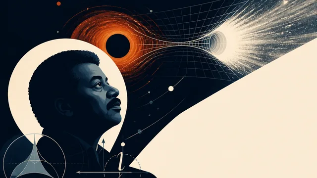 Two men at microphones flank a historical figure, with geometric wireframe shapes illustrating non-Euclidean mathematics…