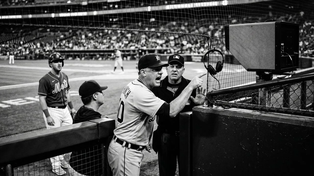 Detroit Tigers manager in navy cap and yellow sunglasses adjusting his hat in frustration at the dugout with "AWFUL REPLAY"…