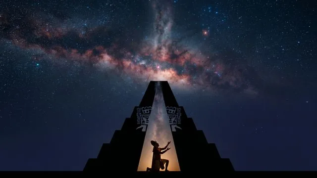 A skull with glowing golden eyes and a futuristic pyramid with blue energy hover above clouds, with "THEY WENT BACK?" text…