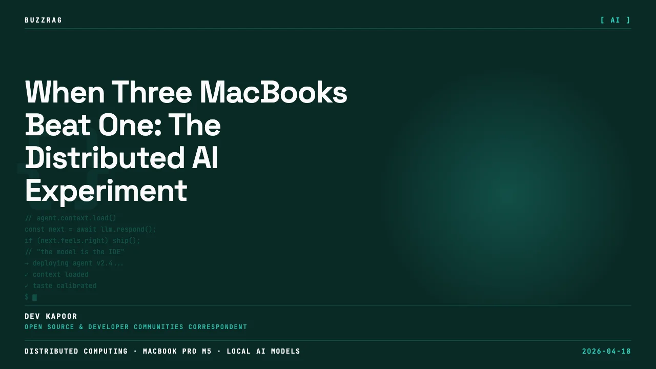 Man in blue shirt examines three MacBook laptops displaying M5 Max chip logos on their screens with Visual Studio Code logo…