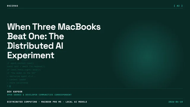 Man in blue shirt examines three MacBook laptops displaying M5 Max chip logos on their screens with Visual Studio Code logo…