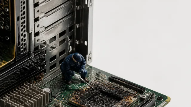 Man in glasses holding computer parts at a landfill with "NEW SERVER, OLD PARTS" text overlay