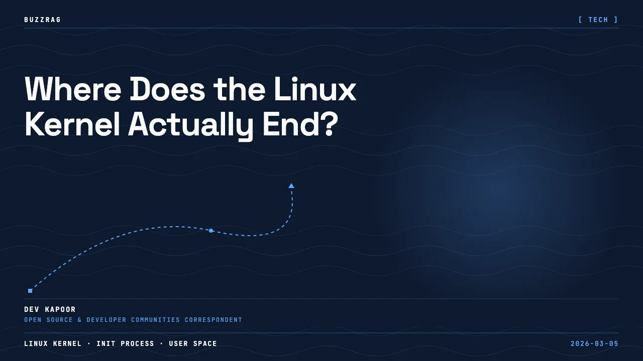 A man with crossed arms stands beside a red arrow pointing to text about Linux being a kernel rather than an operating…
