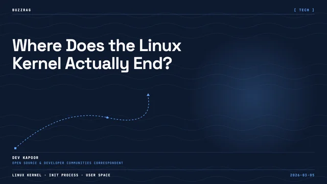 A man with crossed arms stands beside a red arrow pointing to text about Linux being a kernel rather than an operating…