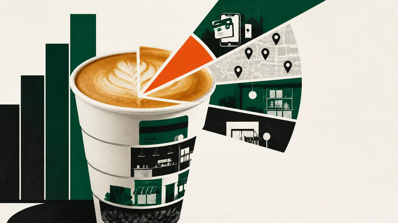 Illustrated Starbucks café with barista, revenue figures, mobile orders, loyalty rewards, and a customer journey diagram