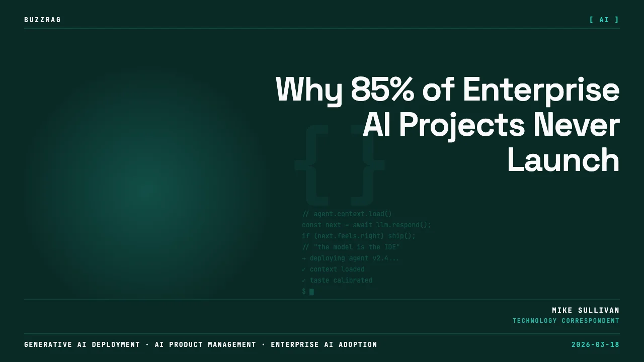 Professional man in glasses against blue gradient background with text "85% of AI products will fail" and Amazon logo visible