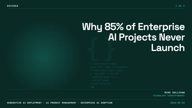 Professional man in glasses against blue gradient background with text "85% of AI products will fail" and Amazon logo visible