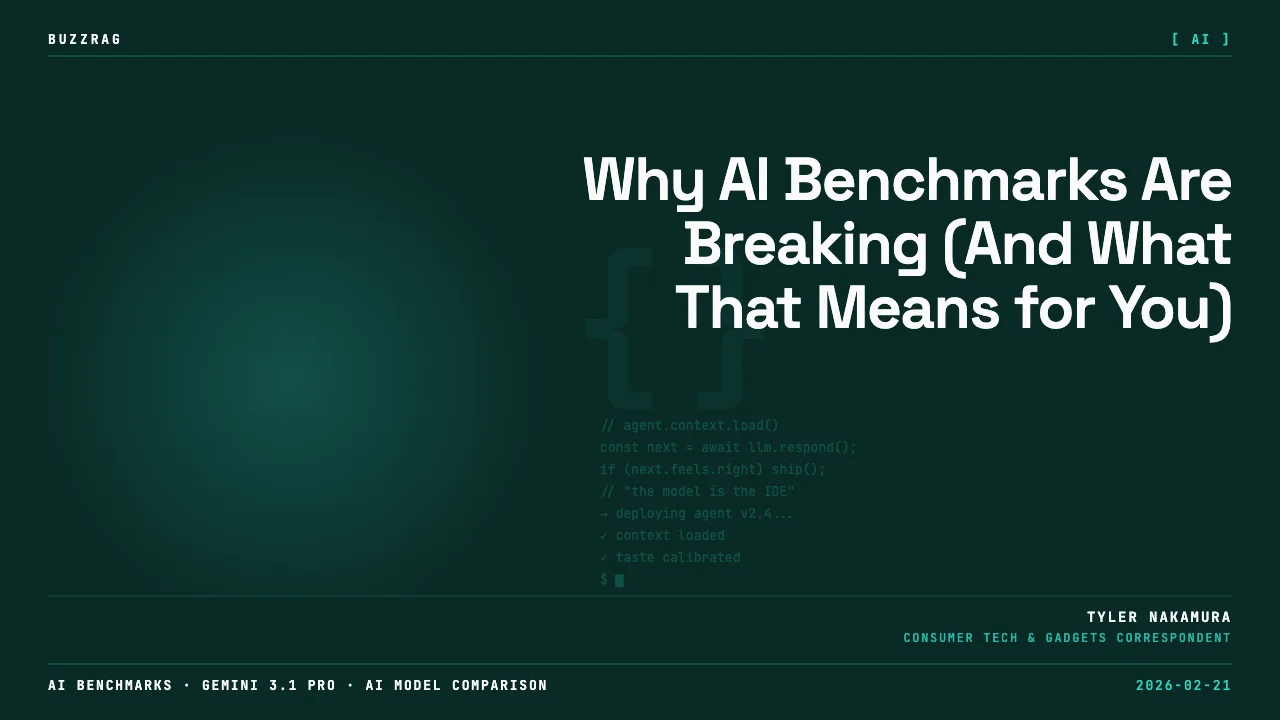 Man with glasses in black blazer against white background with text "THE DOWNFALL OF AI BENCHMARKS