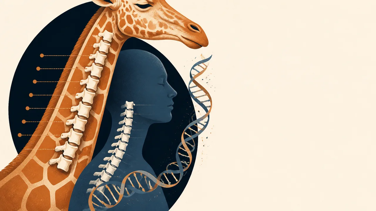 Skeleton of a giraffe with an arrow pointing to its neck against a brown background, with "WHY?" text and SciShow logo…