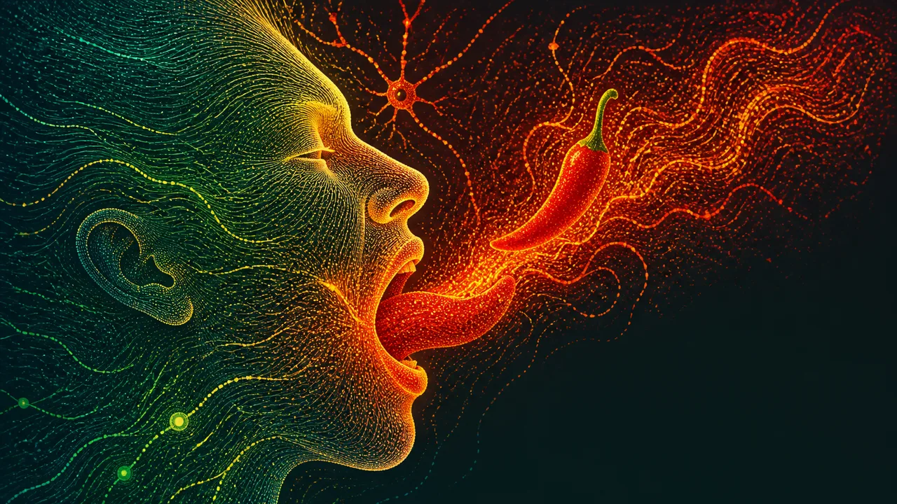 Sweating person bites a flaming red chili beside a plate of peppers; bold text reads WHY EAT PAIN?
