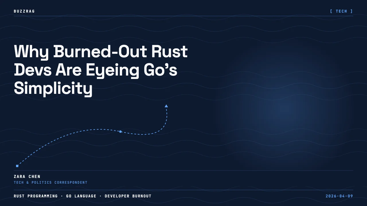 Crying developer with R logo transforms to calm figure with GO logo, illustrating language migration from Rust to Go