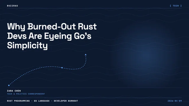 Crying developer with R logo transforms to calm figure with GO logo, illustrating language migration from Rust to Go