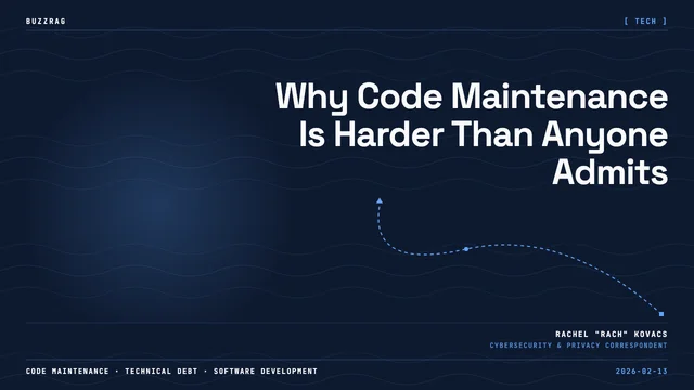 Two men from freeCodeCamp discuss why developers are returning to terminal-based tools, with quote text overlaid on a dark…
