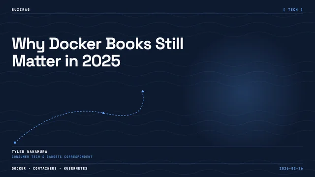 Two bearded men pose against a blue background with the "Learn Docker in a Month of Lunches" book cover displayed,…