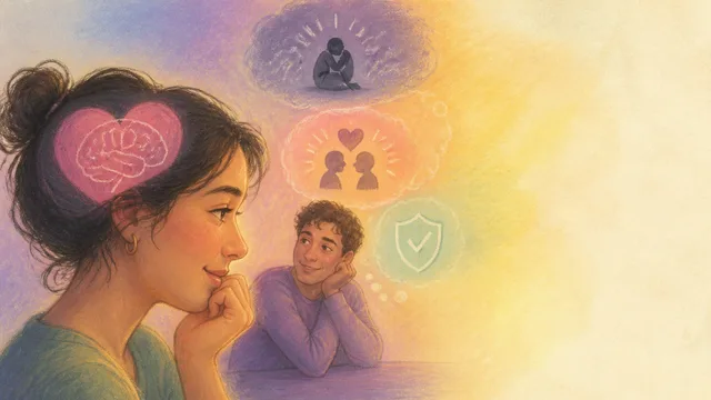 Two illustrated figures sit awkwardly at a dinner table with a flower between them, both looking uncomfortable and…