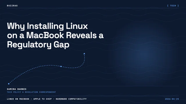 A Mac desktop screen displaying the Apple logo wallpaper alongside a surprised-looking penguin character representing Linux