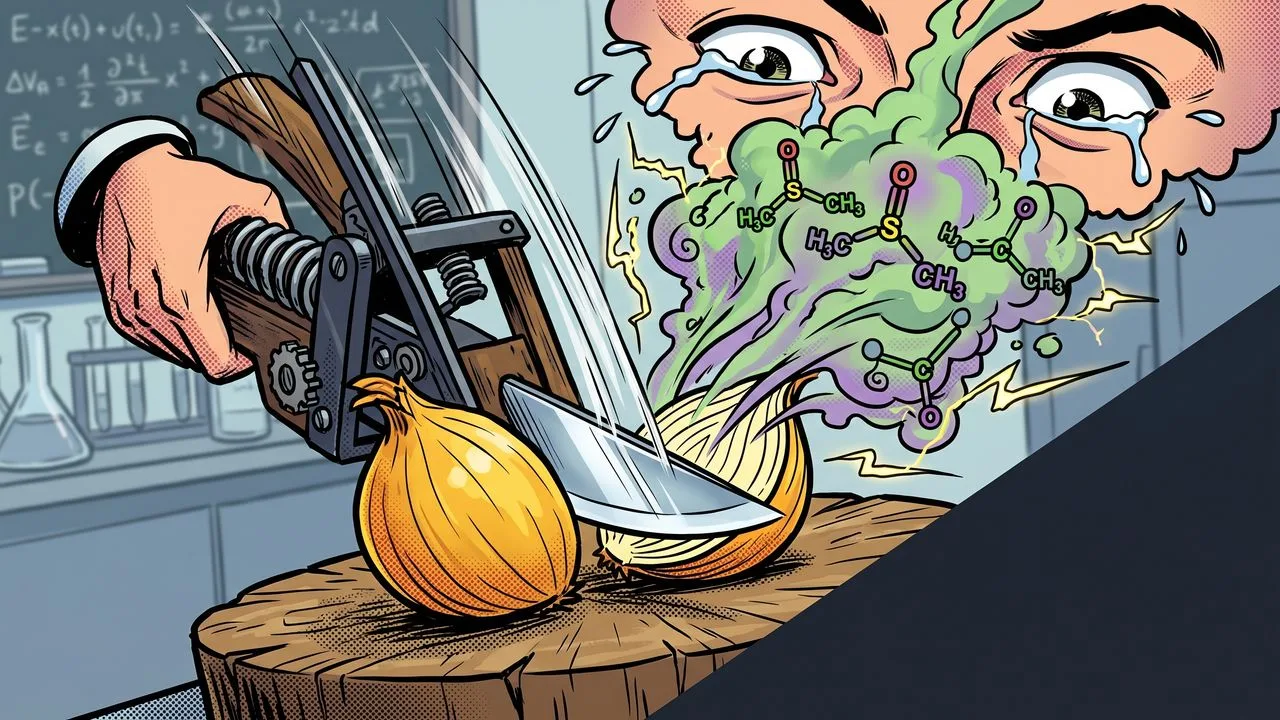 Sliced red onion halves arranged closely together with "ONION GUILLOTINE" text overlay and SciShow logo in bottom left corner