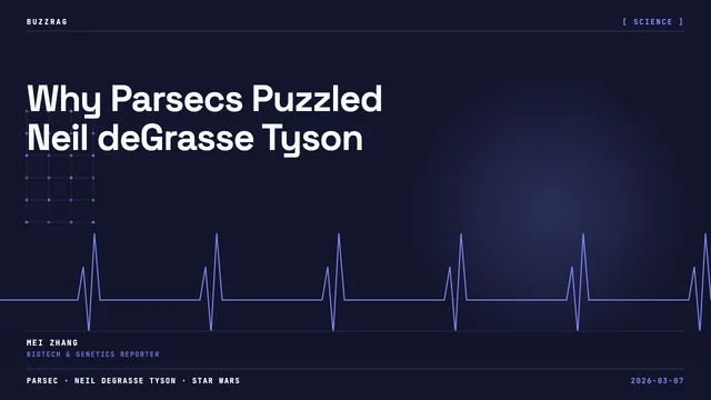 Two men with surprised expressions flank a diagram showing a star's parallax measurement, with "WHAT IS A PARSEC?" overlaid…