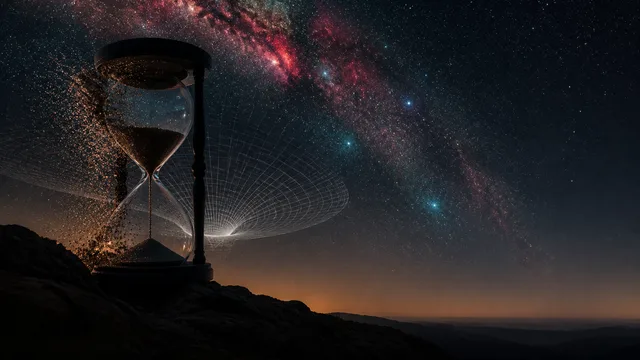 Three men stand before cosmic clocks labeled Past, Present, and Future against a starfield backdrop with the text "What is…