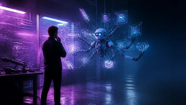A man in a light shirt speaks in front of technical diagrams about AI frameworks and engineering instincts, with the AI…