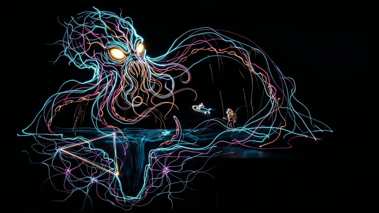 Eerie underwater scene with towering tentacled creature, swimming whales, and stormy sky in teal tones, with title text…