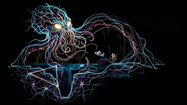 Eerie underwater scene with towering tentacled creature, swimming whales, and stormy sky in teal tones, with title text…