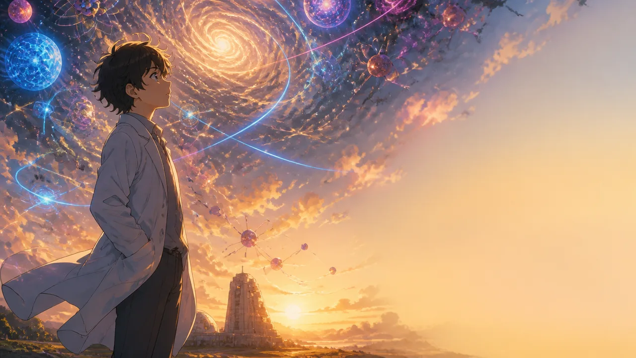 Two men in discussion flank a digital illustration of a glowing blue eye with a dark spherical core and particle network,…