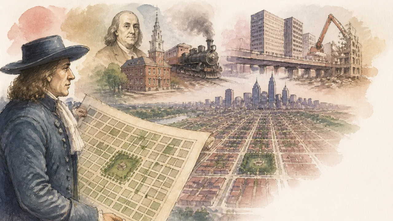 A hand points to a grid-style city map on a wooden desk with "THE CAPITAL BEFORE DC" text overlay, exploring Philadelphia's…