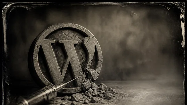 WordPress logo with "HACKED" text on dark tech-themed background indicating security breach topic