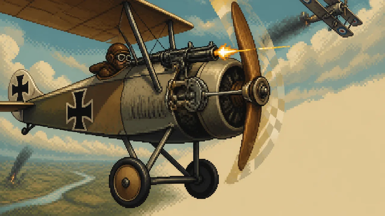 A bearded man in glasses points at a spinning aircraft propeller with a red arrow, questioning how guns fired through it…