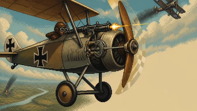 A bearded man in glasses points at a spinning aircraft propeller with a red arrow, questioning how guns fired through it…