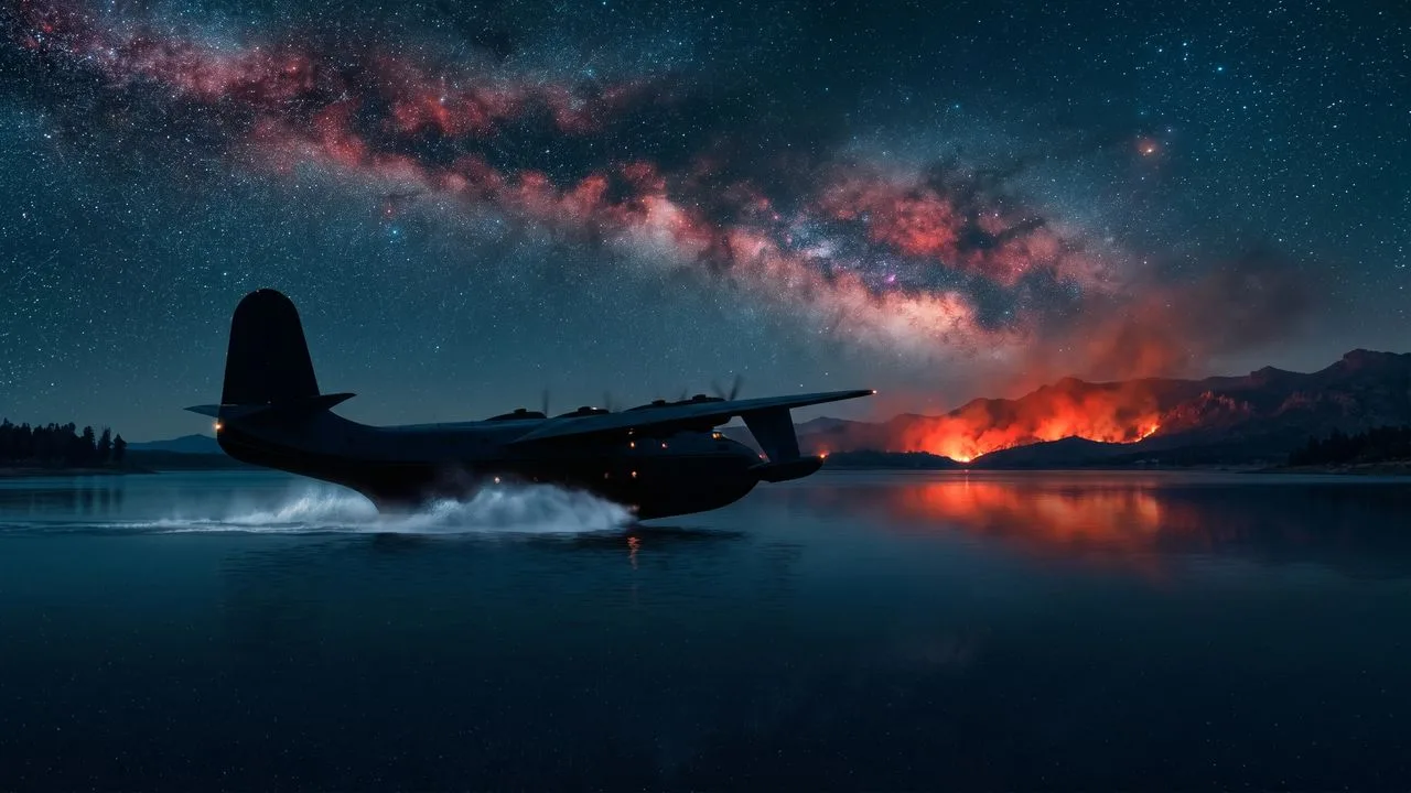 Large red and white amphibious aircraft with four propellers docked in a mountain lake, labeled "Hawaii Mars Collins