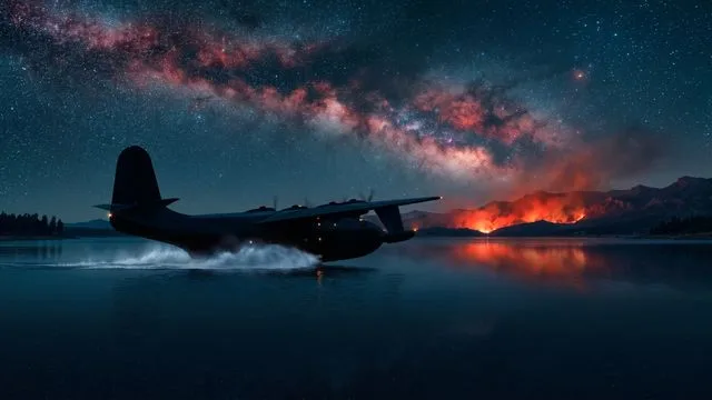 Large red and white amphibious aircraft with four propellers docked in a mountain lake, labeled "Hawaii Mars Collins