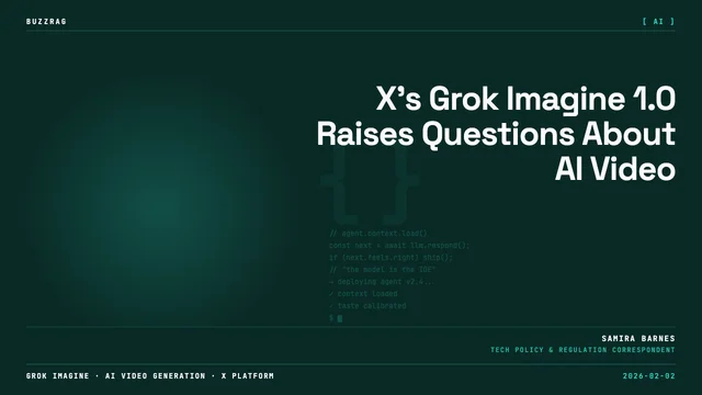 Man in black suit gesturing on stage before crowd with Grok Imagine 1.0 logo and "IT'S OVER" text displayed