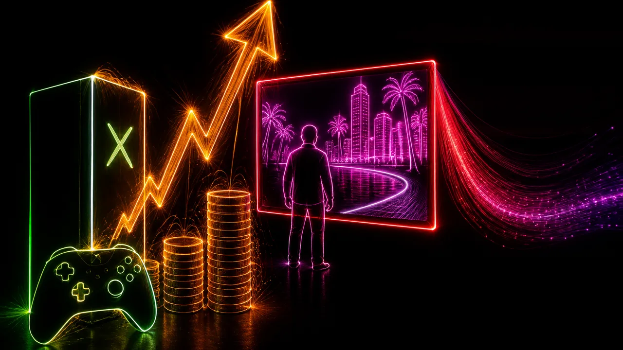Gaming news thumbnail featuring Xbox console, controller, and two characters in vibrant purple and neon lighting with "THIS…