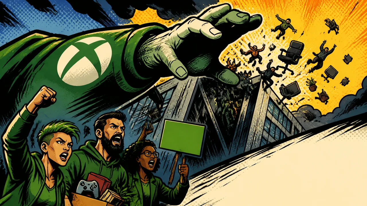 This Week in Video Games" title with Xbox console, controller, strike banner, and armed character against orange and blue…