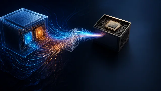 Xiaomi AI Cube with illuminated orange vents next to performance comparison text showing 1.22 TB/s versus 273 GB/s speeds