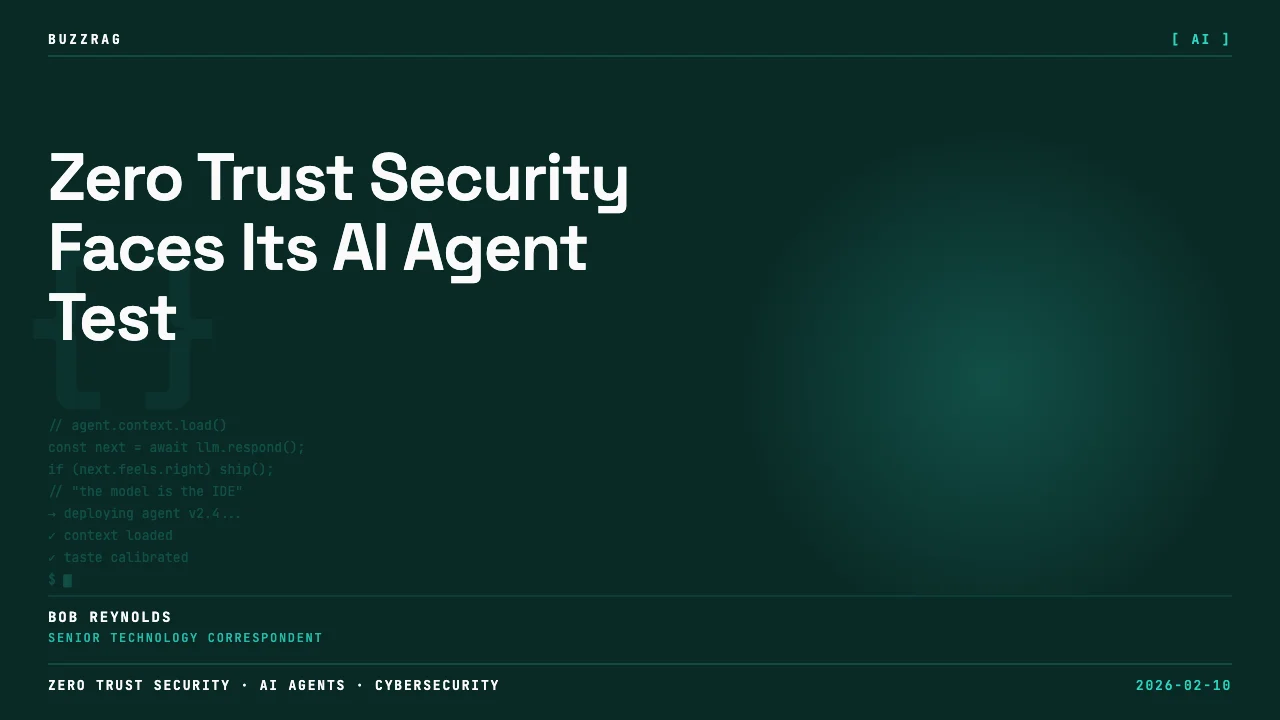 A man in a black t-shirt gestures while speaking against a dark background with neon tech icons, with "Zero Trust for AI…