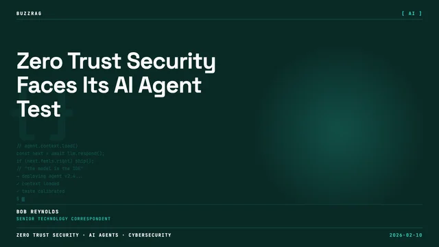 A man in a black t-shirt gestures while speaking against a dark background with neon tech icons, with "Zero Trust for AI…