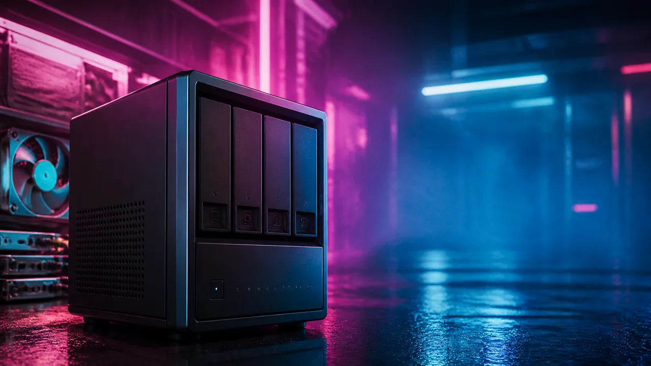 A server enclosure with six drive bays and gold accents against a blue background, overlaid with red and magenta text…