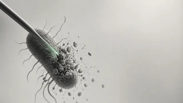 Colorful microscopic visualization of bacteria and immune cells against a blue-purple gradient background with "BOTS VS…